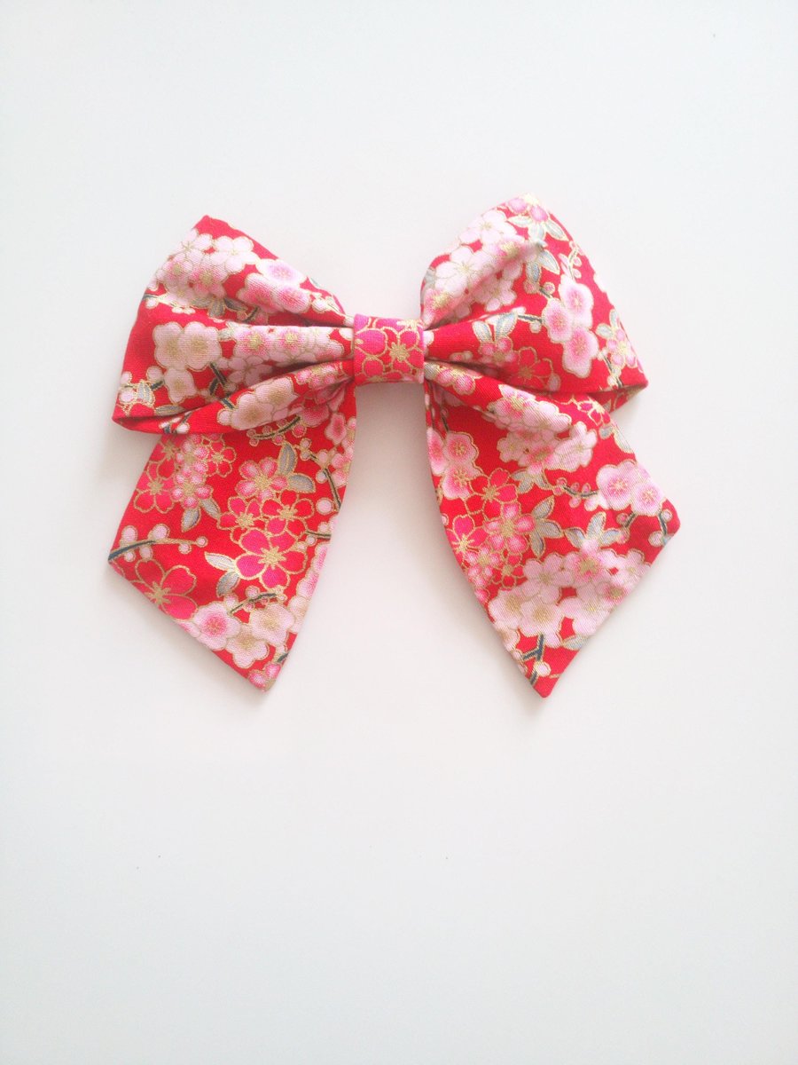 Sakura fabric hair bow, Japanese hair bow, sailor hair bow, handmade accessories, 6" hair bows,hair bow