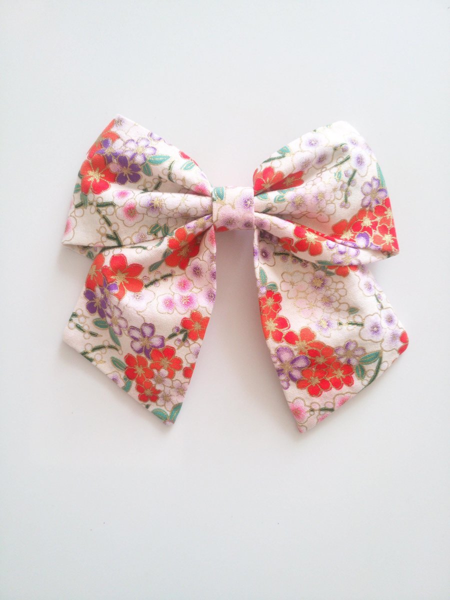 Sakura fabric hair bow, Japanese hair bow, sailor hair bow, handmade accessories, 6" hair bows,hair bow