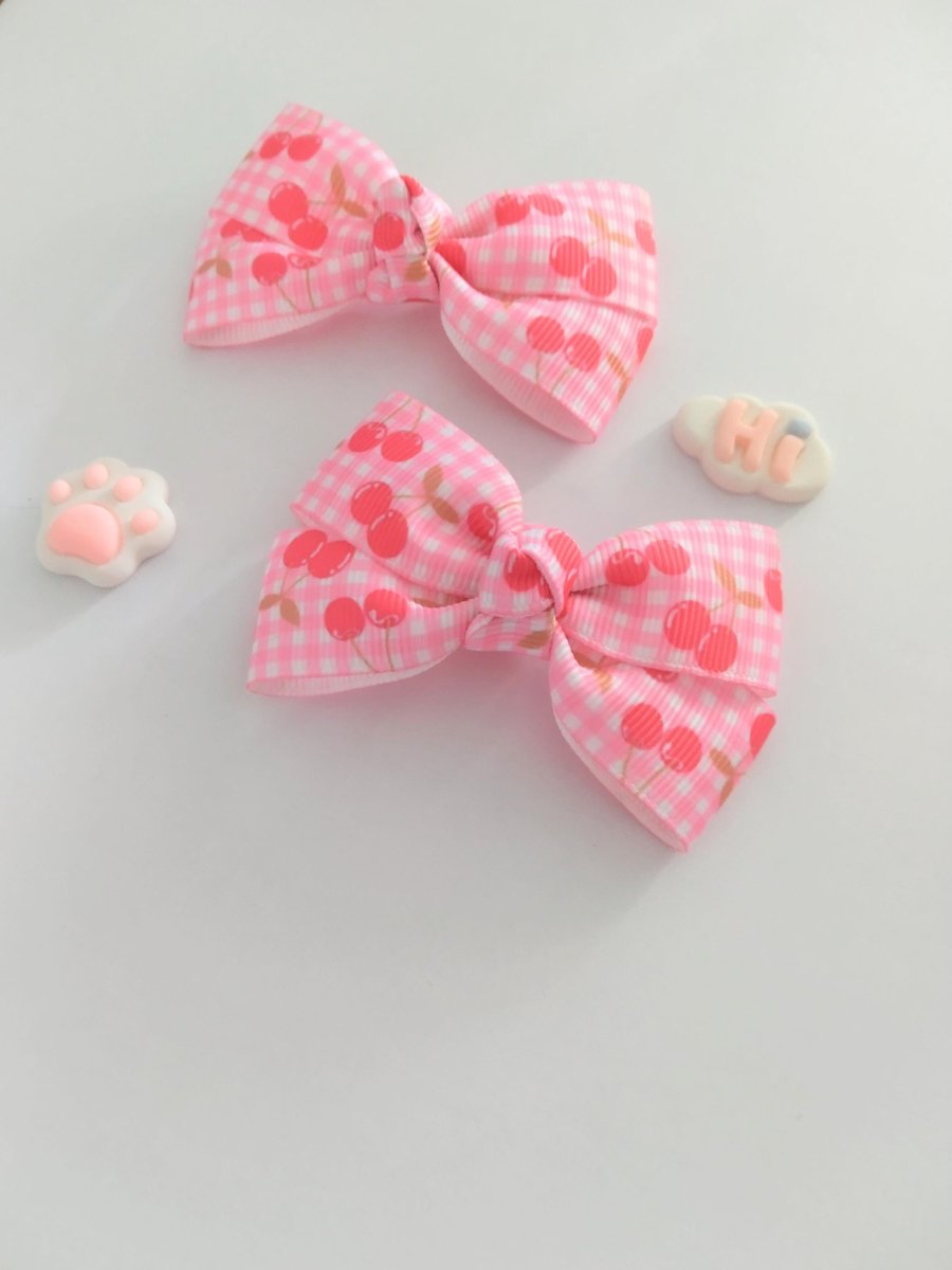 Cherry hair clips,Girl hair clips, piggy bows,pig tail bows,handmade hair bow,kawaii hair clips