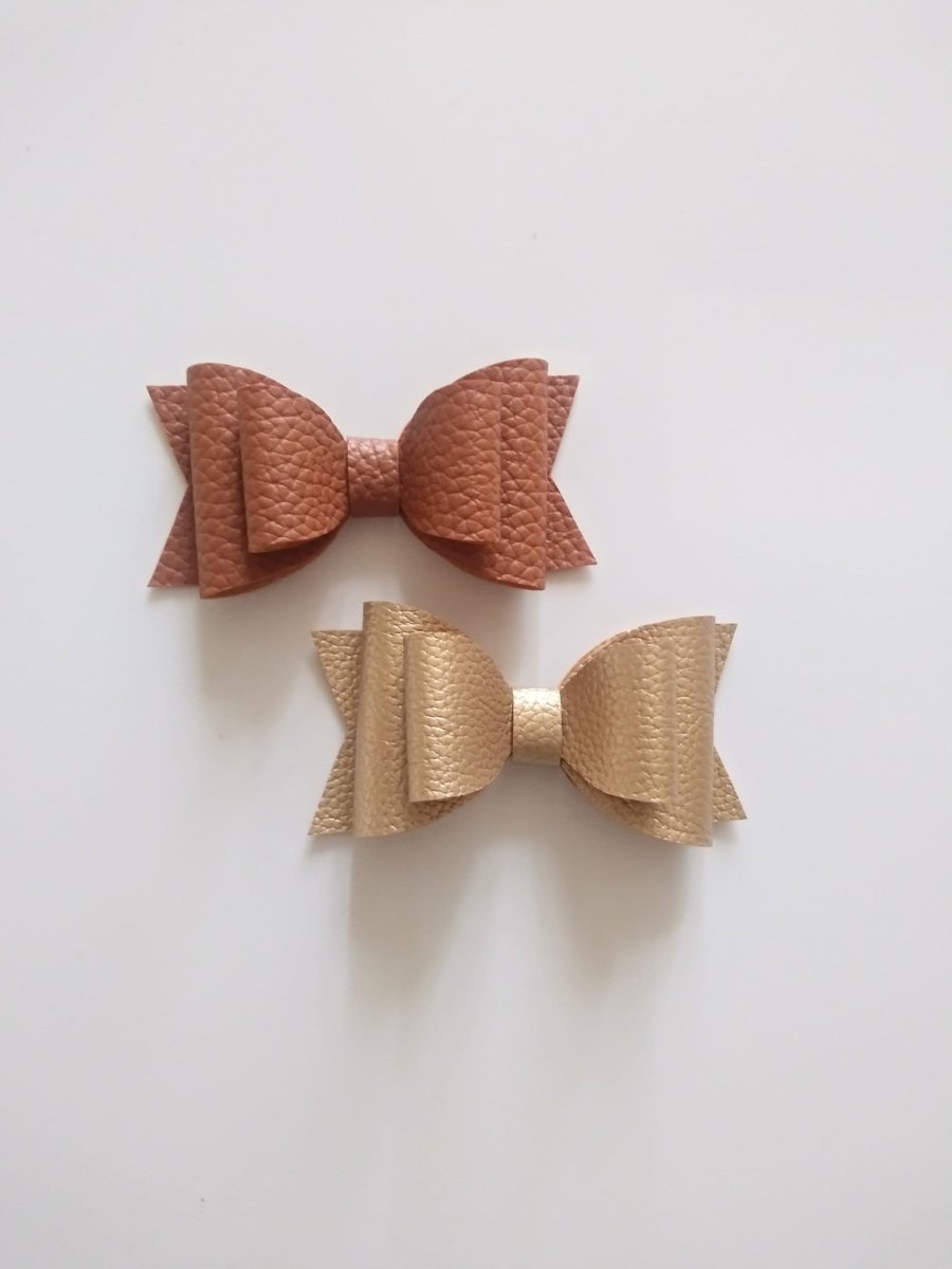 Faux leather hair bow, Brown and Gold hair bow, vegan hair bows kids hair bow,