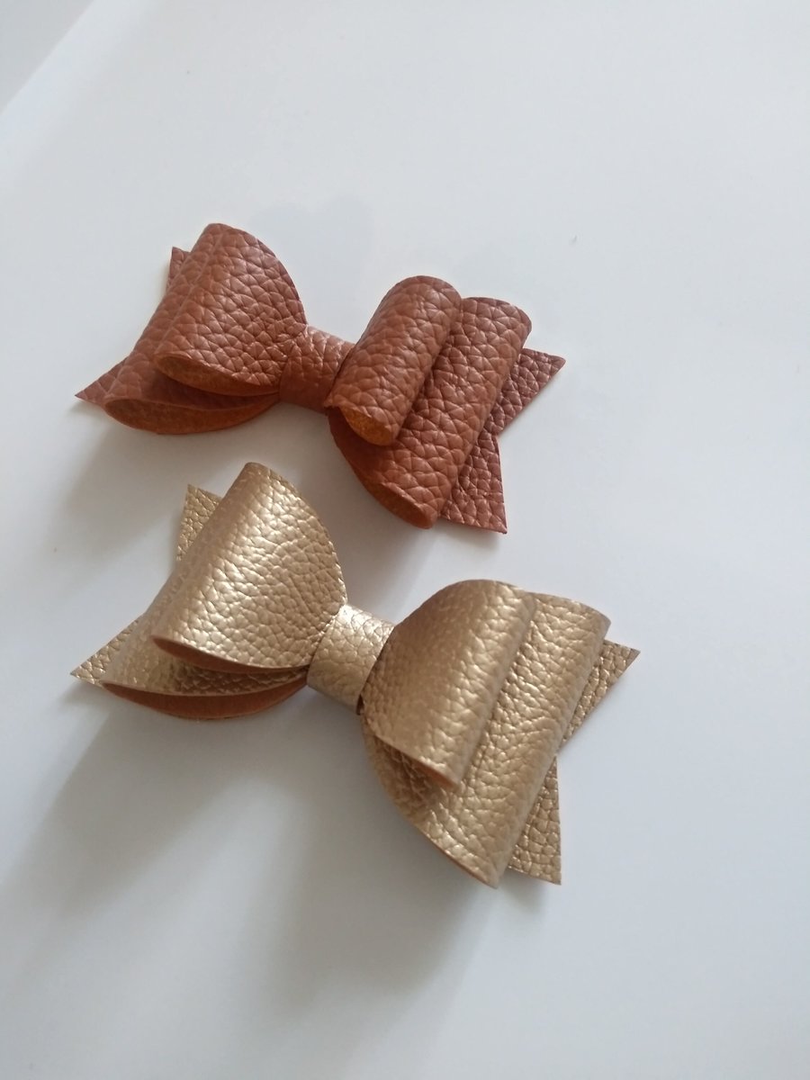 Faux leather hair bow, Brown and Gold hair bow, vegan hair bows kids hair bow,