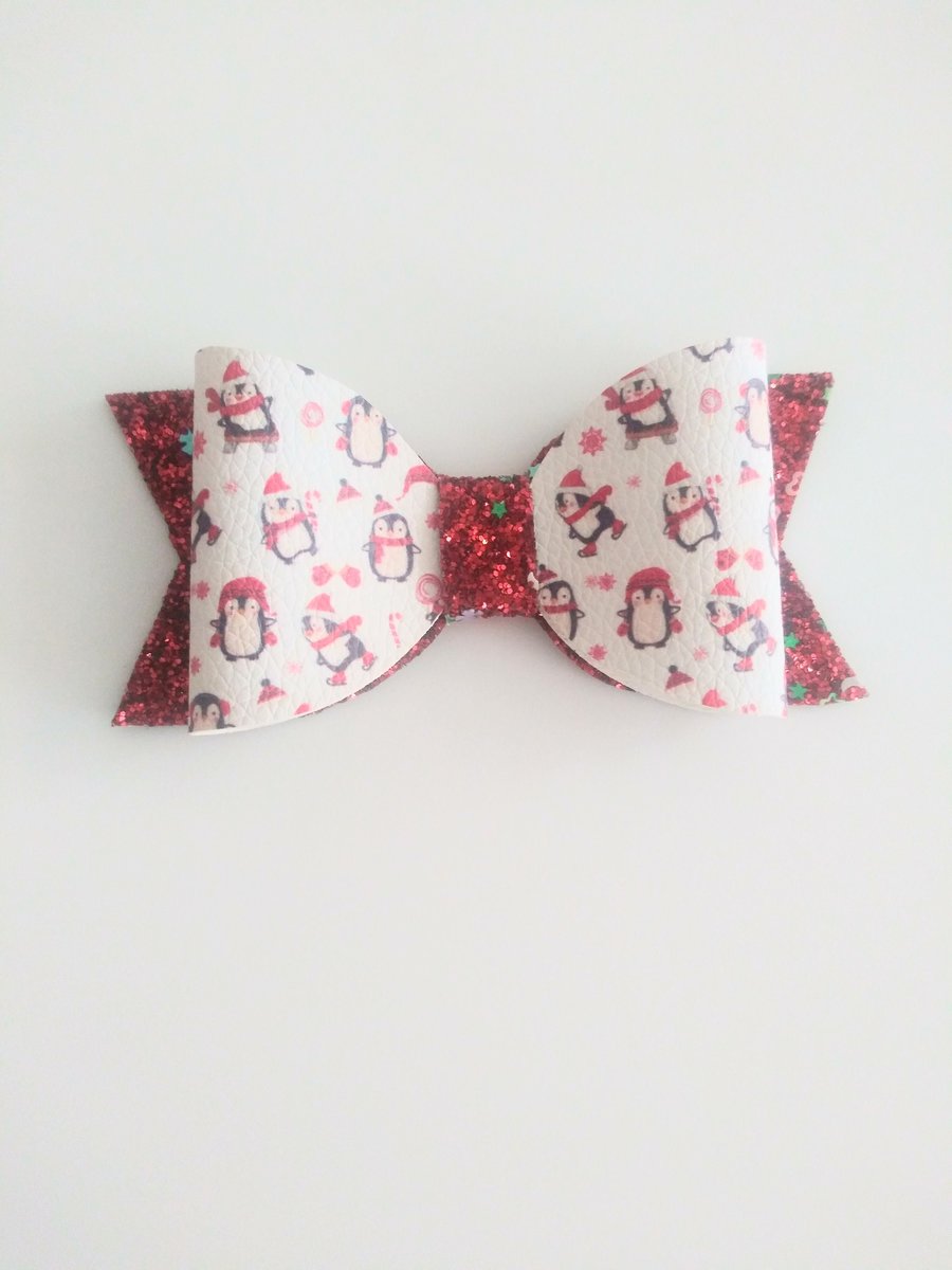 Christmas hair bow, children hair bow, faux leather hair bows, handmade accessories,penguin