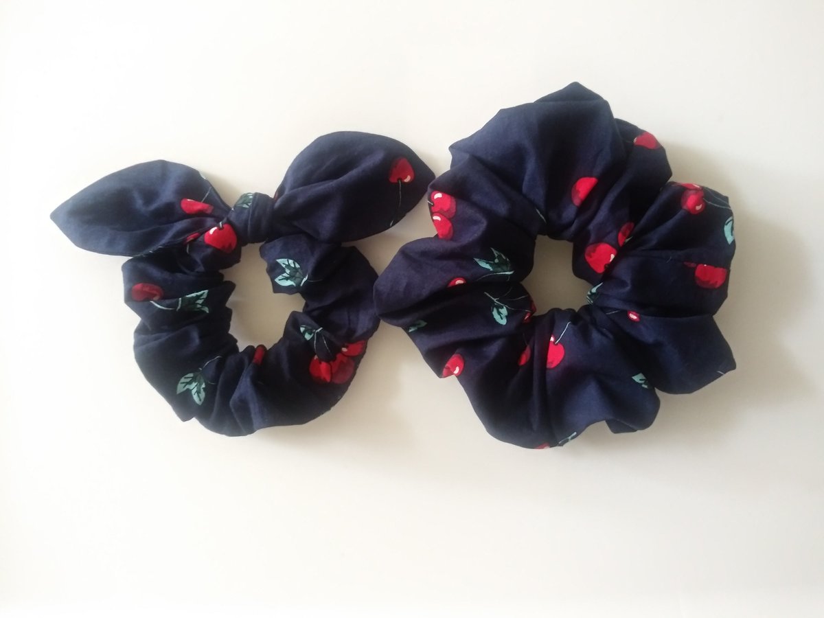 Cherry scrunchie Navy , hair ties, elastic, scrunchy, Bunny ears scrunchie, adult scrunchie