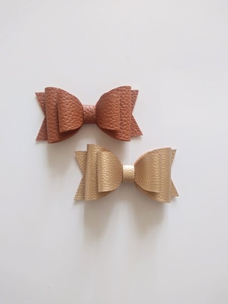 Faux leather hair bow, Brown and Gold hair bow, vegan hair bows kids hair bow,