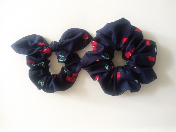 Cherry scrunchie Navy , hair ties, elastic, scrunchy, Bunny ears scrunchie, adult scrunchie